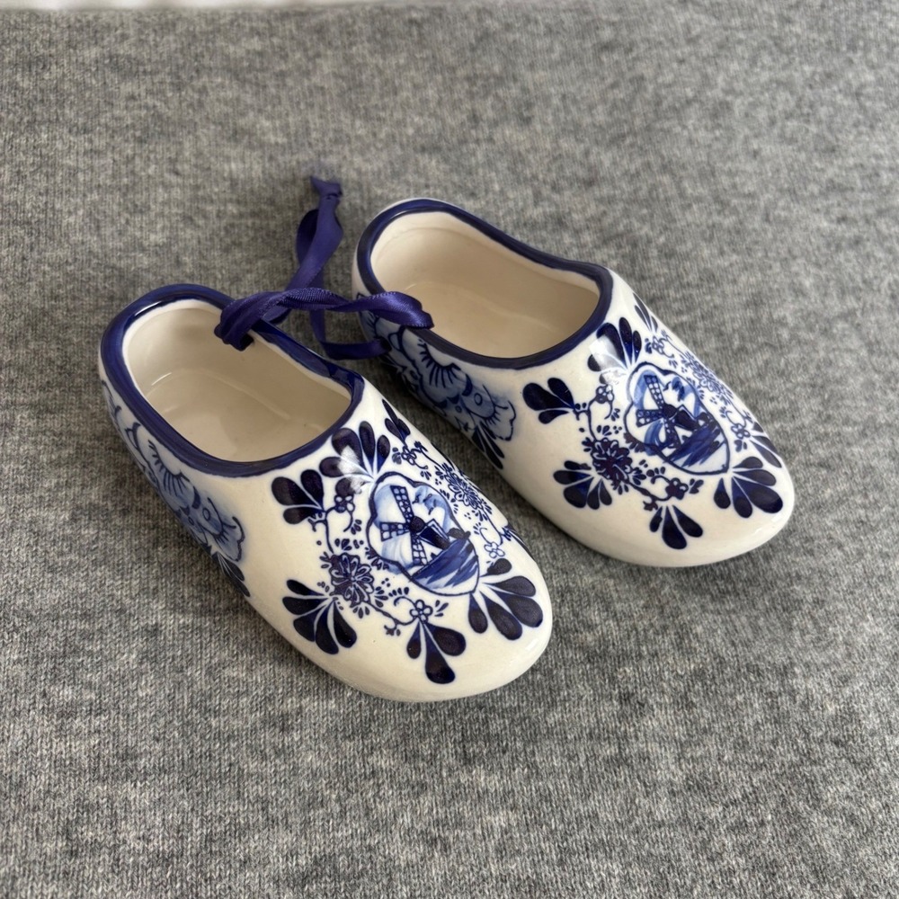 Baum Bros Blue White Delph Ceramic Dutch Clogs Windmill Miniature Shoes Decor